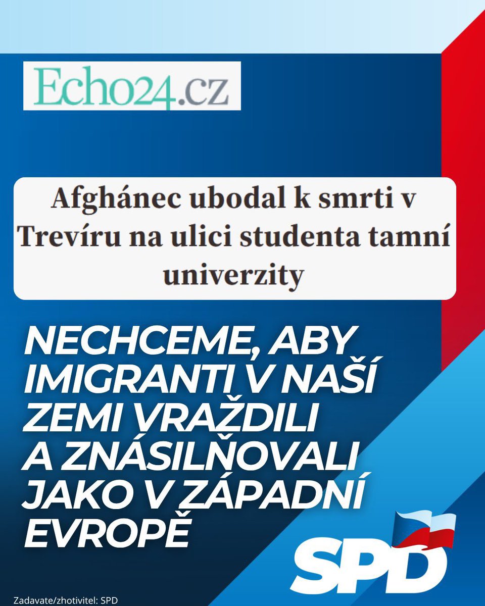 tomio_cz's tweet photo. Další „chirurg z dovozu“. Ve středu ráno byl na ulici jen několik set metrů od univerzitního kampusu v Trevíru ubodán k smrti 22letý student tamní univerzity. Hlavním podezřelým je 22letý Afghánec. 🔪👳‍♀Údajně napadl německého studenta nožem, píše deník Bild.

☝Podle statistik bylo v roce 2023 v Německu 60 až 70 útoků nožem denně. Nadpoloviční většina útočníků jsou lidé neněmeckého původu, tedy imigranti. Podle deníku Bild jde často o Afghánce, lidi narozené kdesi v severní Africe a pak pocházejí také z Polska či Sýrie a Turecka. Kampaň SPD s „chirurgem“ se tedy ukazuje jako naprosto trefná.

✅V naší vládě s účastí SPD zpřísníme azylovou a migrační politiku Zavedeme politiku nulové tolerance vůči nelegální migraci. Odmítneme migrační pakt Evropské unie a přijmeme nový zákon o migraci a azylu. Nový zákon o azylu bude jasný a spravedlivý — azyl bude udělován pouze ve výjimečných, přesně definovaných případech.