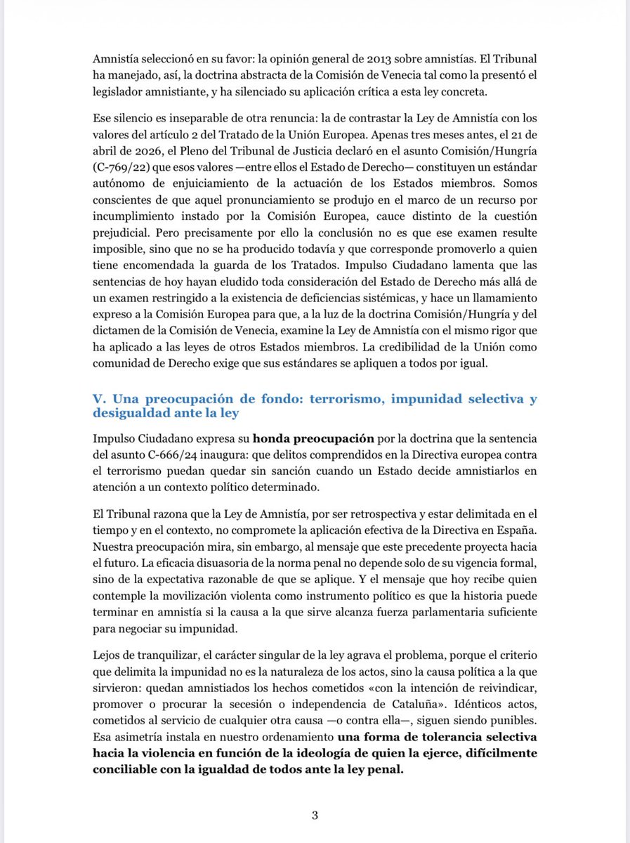 Rafaelarenasgar's tweet photo. Comparto la valoración que hace @Impulso_Ciudada de las sentencias del TJUE sobre la amnistía.
Unas sentencias que parten de una falsedad (la reconciliación), obvian el Informe de la Comisión de Venecia y concluyen que hay ideas políticas que justifican el perdón de los delitos https://t.co/8XmygVVXf9