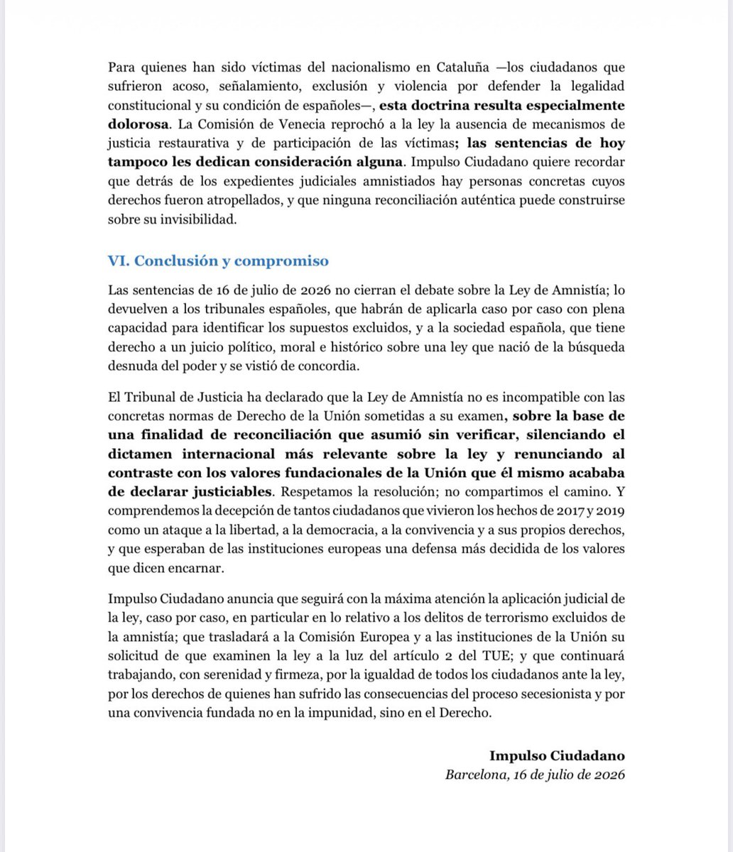 Rafaelarenasgar's tweet photo. Comparto la valoración que hace @Impulso_Ciudada de las sentencias del TJUE sobre la amnistía.
Unas sentencias que parten de una falsedad (la reconciliación), obvian el Informe de la Comisión de Venecia y concluyen que hay ideas políticas que justifican el perdón de los delitos https://t.co/8XmygVVXf9