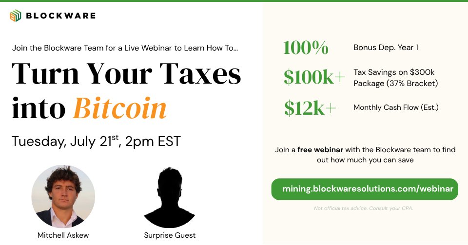 BlockwareTeam's tweet photo. Join @MitchellAskew and a surprise guest next week to learn how you can leverage Section 168(k) to take a 100% on Bitcoin Miners

- Less Taxes
- More Bitcoin

This free webinar could save you six figures or more on your 2026 taxes https://t.co/Q17nGooX8G