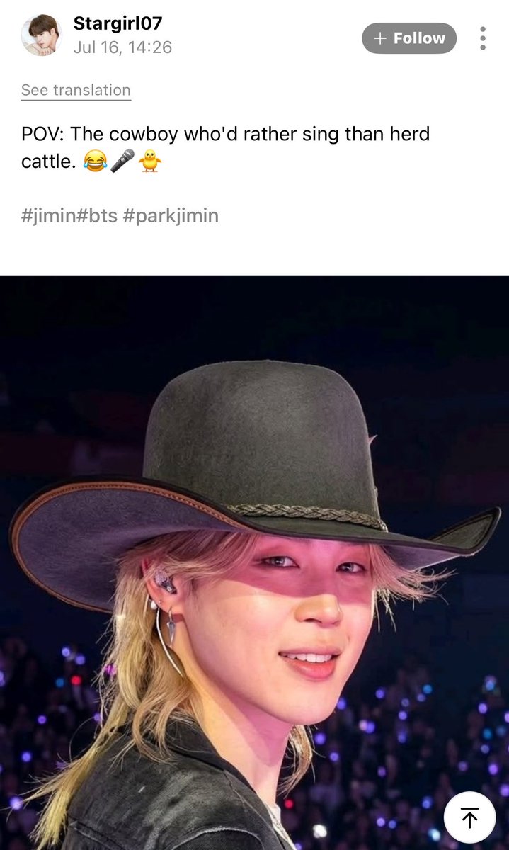 jm_dogs's tweet photo. taehyung respondeu um post sobre o jimin no weverse 💗

🗣️: POV:  O cowboy que prefere cantar do que arrebanhar gado *foto do jimin com chapéu de cowboy*

TH: parece uma cena que veio direto de filme. https://t.co/MA3ya79ZoZ