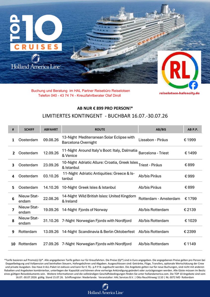 Reiselotsen's tweet photo. Ad👉Holland America Line - nur für kurze Zeit
TOP‑10 Kreuzfahrten 2026  im August, September, Oktober
Premium‑Beratung beim HAL‑Partner in Hamburg
Reisebüro Reiselotsen Hamburg - Tel. 040 - 43 74 74 
Jetzt reduzierte HAL Angebote online prüfen &amp; sichern!
👉https://t.co/9YIoEVUIfE https://t.co/bLHW9ZtYJV