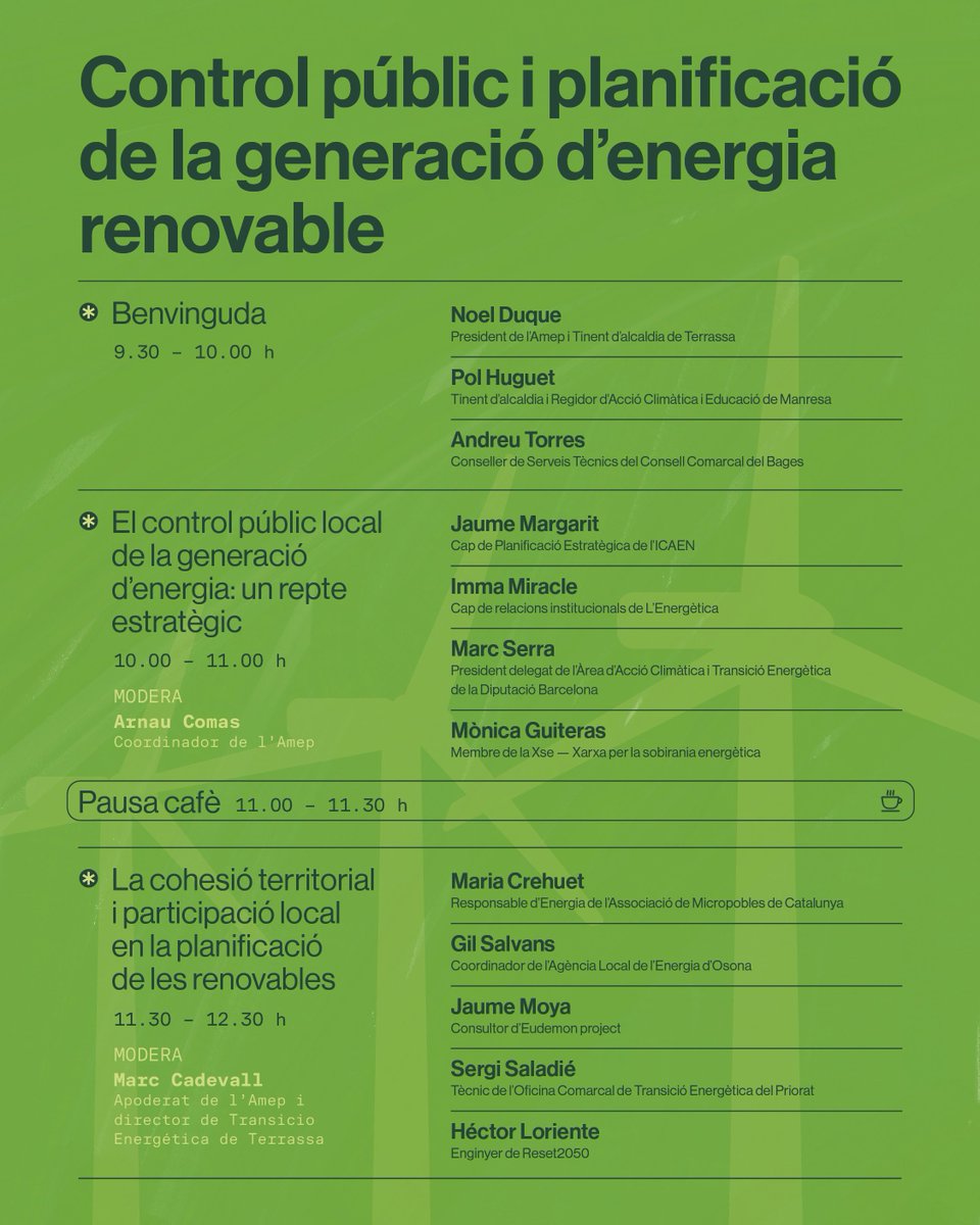 xsecat's tweet photo. 🔍⚡ Control públic i planificació de la generació d’energia renovable

La setmana vinent serem a la jornada de l'@Amep_Cat a Manresa, compartint la taula sobre el control públic de la generació amb @energiacat, @LEnergetica i @diba.

🔗 Inscripcions: https://t.co/K7jlWcPlR6 https://t.co/3UsnLR0v6a