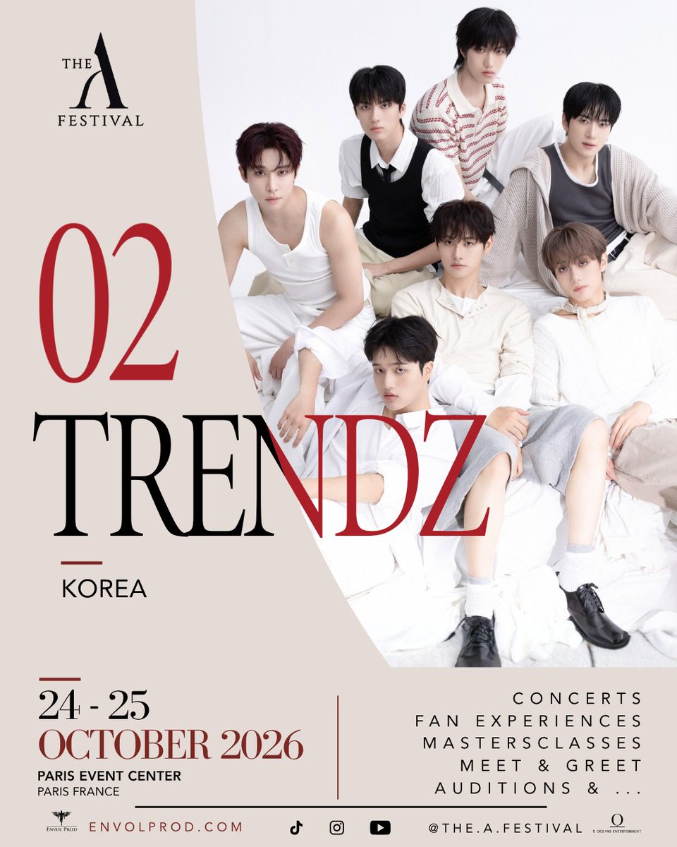 EnvolTorpedo's tweet photo. Ready for another announcement?

TRENDZ is officially joining The A Festival 2026! 🔥

Europe has always shown TRENDZ incredible love. The band is excited to return and create new memories with fans

On 25 October 2026, they'll join us in Paris

And we're only getting started... https://t.co/fchODBX0dD