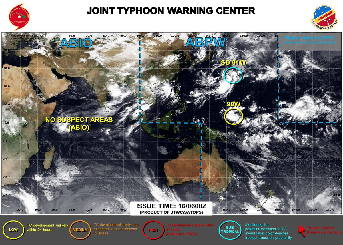 JTAnimates2026's tweet photo. #90W; Low formation chance in the next 48 hours.
#91W; 35mph 1001mbs- Low chance of becoming a TROPICAL CYCLONE, currently a subtropical depression per the JTWC.
#wxtwitter https://t.co/FbJYVb9hN2