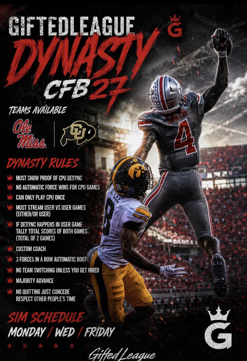 Gifted0Gaming's tweet photo. GIFTEDLEAGUE DYNASTY
COLLEGE FOOTBALL 27

2 USER SPOTS AVAILABLE
Ole Miss &amp; Colorado 

 https://t.co/H00kFisjv4 https://t.co/Wi9cQiTK9b