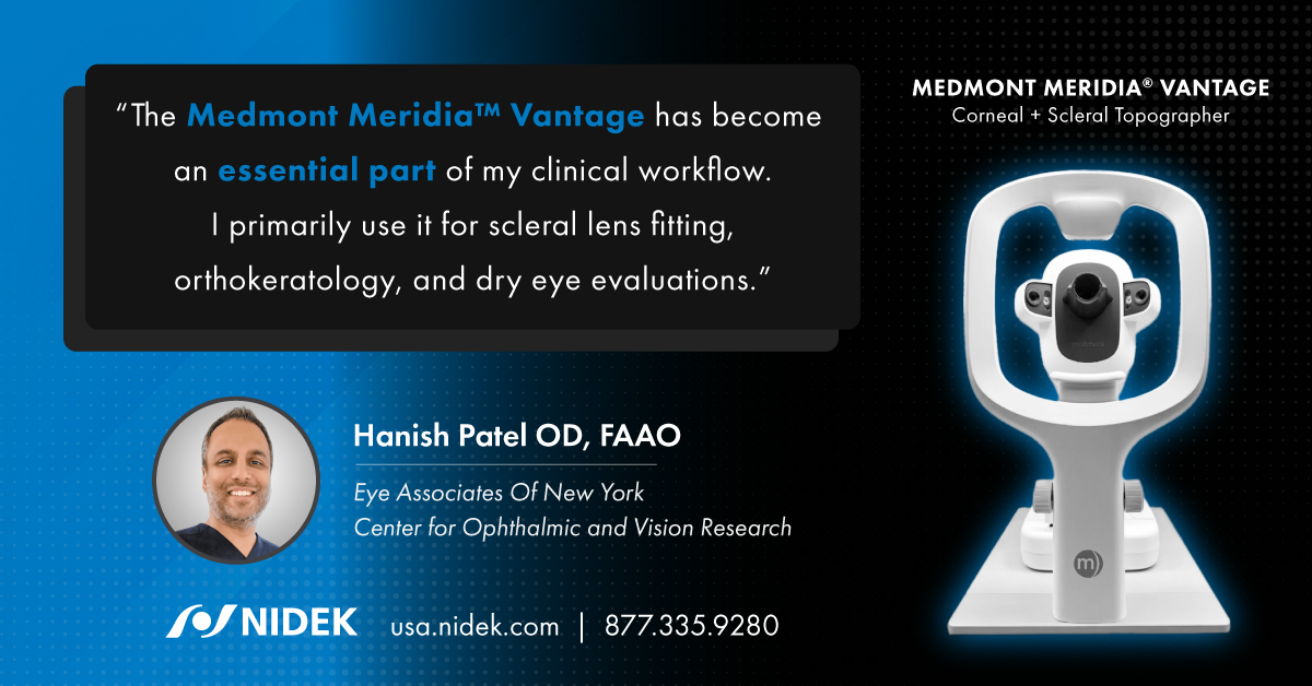 NIDEKincUSA's tweet photo. "An essential part of my clinical workflow."Learn more about the multi-functional Medmont Meridia® Vantage on the NIDEK USA website: https://t.co/gHKmVrQtqa
#optometry #ophthalmology #eyecare #scleral #dryeye #topographer #ortho-k #orthokeratology #dryeye #vision #contactlens https://t.co/3Ou3w79hHQ