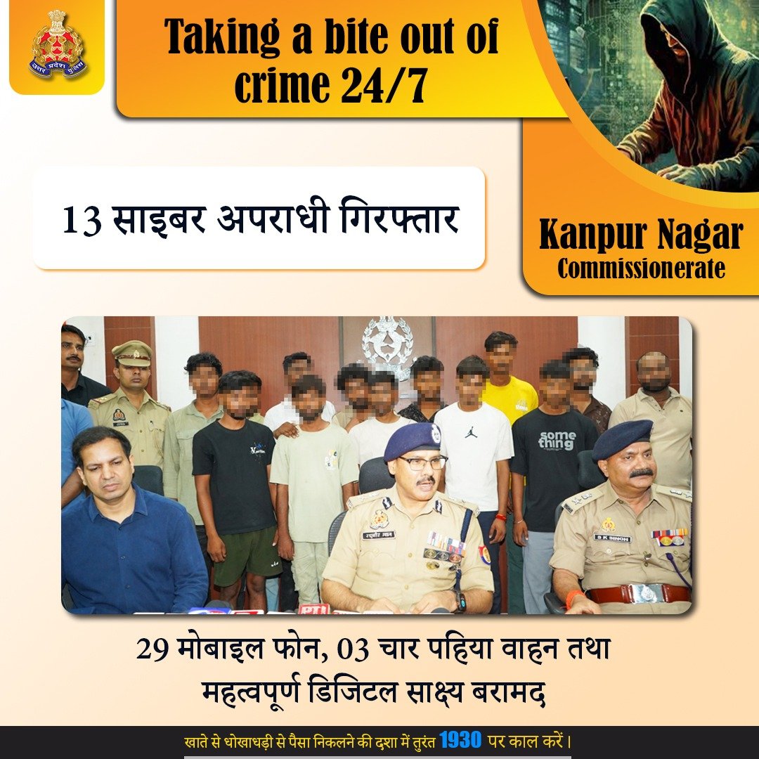 Uppolice's tweet photo. साइबर अपराध के विरुद्ध जीरो टॉलरेंस— 

साइबर अपराध के विरुद्ध कार्यवाही करते हुए @kanpurnagarpol द्वारा 13 अभियुक्तों को गिरफ्तार किया गया है। उनके कब्जे से 29 मोबाइल फोन, 03 चार पहिया वाहन एवं महत्वपूर्ण डिजिटल साक्ष्य बरामद किए गए हैं।

अभियुक्त अश्लील वीडियो प्रकरण में फंसाने तथा स्वयं को पुलिस अधिकारी बताकर लोगों को धमकाते थे और भय का वातावरण बनाकर बैंक खातों एवं यूपीआई के माध्यम से धनराशि प्राप्त करते थे। NCRP पोर्टल पर दर्ज 189 साइबर शिकायतों में 60 शिकायतकर्ताओं के मोबाइल नंबर इस गिरोह से जुड़े पाए गए हैं।

साथ ही दिल्ली, केरल, तमिलनाडु, मध्य प्रदेश, राजस्थान एवं महाराष्ट्र सहित विभिन्न राज्यों के नागरिकों को इस गिरोह द्वारा ठगी का शिकार बनाया गया है और अब तक लगभग ₹02 करोड़ की साइबर ठगी की जा चुकी है।

#UPPCracksCyberCrime 
#UPAgainstCyberCrime 
#CyberSafeUP