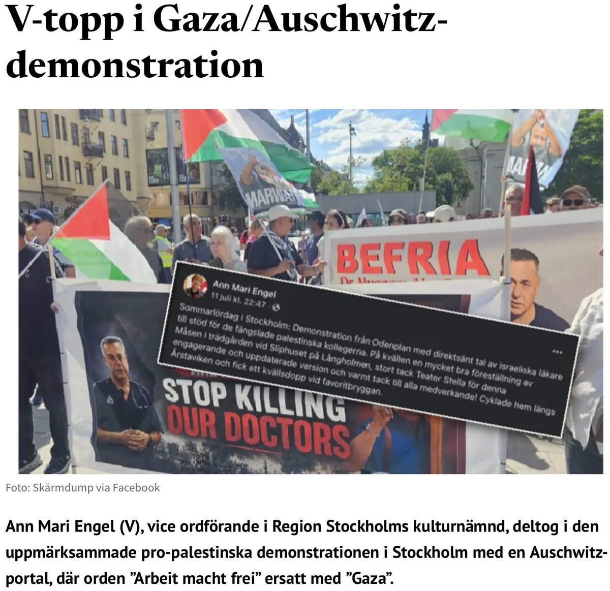 moderatkarlsson's tweet photo. Först var det terrorhyllningar. Sedan återkommande skandaler om antisemitism. Nu deltar en ledande V-politiker i en demonstration där Auschwitz används som politisk symbol.

Att använda Förintelsens mest fruktansvärda symbol på det sättet skändar minnet av Förintelsens offer.

Om Vänsterpartiet menar allvar med sin nolltolerans mot antisemitism borde det här vara en enkel fråga:

Varför sitter Ann Mari Engel fortfarande kvar?
