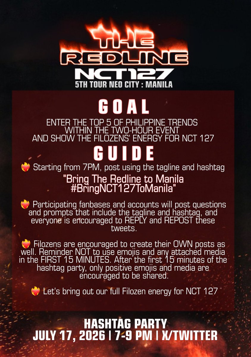 _127everywhere's tweet photo. Let's hit the gas on this, Filozens! 🏎

Bring the noize from 7-9PM TONIGHT, and make sure that when NCT 127 says they're everywhere, that includes the Philippines.

Roll up to our hashtag party to call for The Redline in Manila.

⛔️ Do not use hashtag &amp; tagline before the event https://t.co/jVR728n7lO