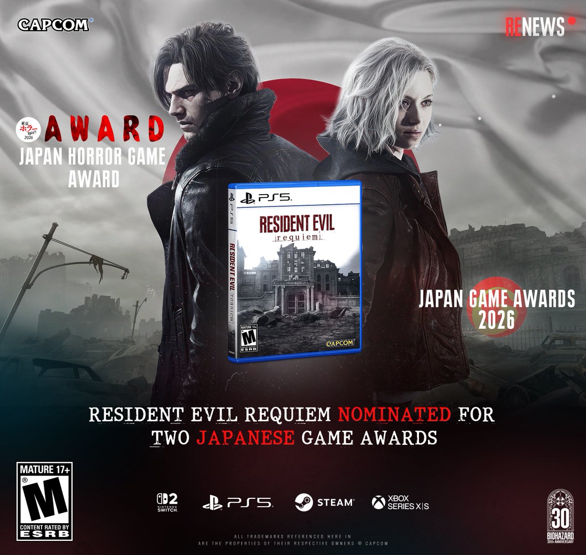 RENews_X's tweet photo. 🏆 Resident Evil Requiem has been nominated for two major Japanese gaming awards.

Released on February 27, 2026, Resident Evil Requiem became the best-selling game of the first half of the year and has now started its awards season.

🏅At the Japan Horror Game Award 2026, the game received three nominations:
▪️ Game of the Year
▪️ Survival Horror Award
▪️ Best Creature Design for The Girl

Resident Evil Requiem is also in the running at the Japan Game Awards 2026, one of Japan's most prestigious gaming awards with support from Japan's Ministry of Economy, Trade and Industry. 

📅Public voting is open from June 12 to July 17, with the winners announced in September.

🏆 The game's awards journey is only just beginning. Next up are the Gamescom Awards in August, followed by The Game Awards 2026 in December.
