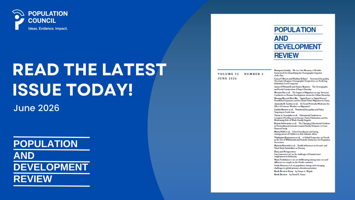 Pop_Council's tweet photo. The June 2026 issue of Population and Development Review is now available!  

Read this issue for the latest on demography and the relationships between population and social, economic, and environmental change:  

Read this issue #PDRjournal here: https://t.co/VJf2OkkYyX https://t.co/ftxnqUZPui