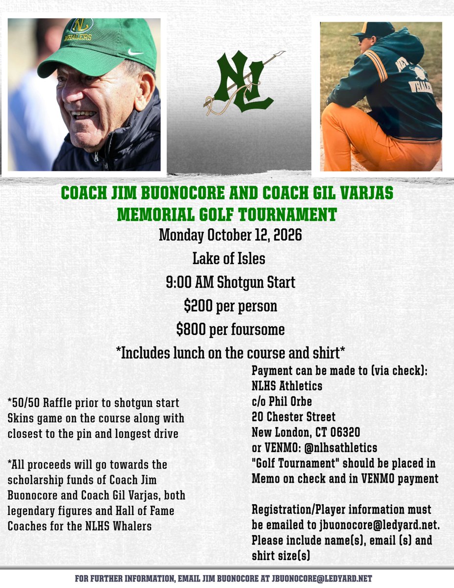 ledyardsports's tweet photo. Coach Jim Buonocore &amp; Coach Gil Varjas Memorial Golf Outing will be held on Monday October 12, 2026 at Lake of Isles with a shotgun start at 9:00am. Registration is now open. We look forward to seeing everyone in the fall. Don't wait, register today! https://t.co/S1he4jaKW3