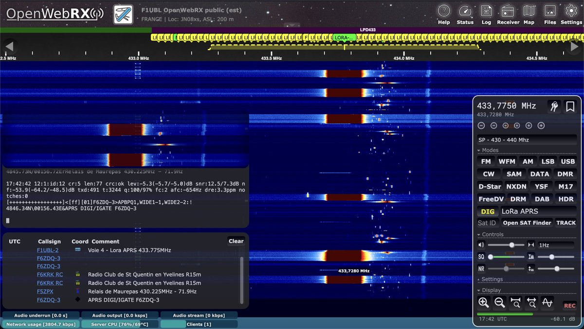 f1ubl's tweet photo. J'ai vu qu'on avait désormais la possibilité de décoder les trames Meshcore, Meshtastic, et même Lora Aprs avec #OpenWebRX
Du coup je viens de mettre un accès sur 868MHz sur mon SDR. Avec le Lora Aprs on a même les stations sur la carte, comme avec l'APRS classique. https://t.co/CC0d3mExgW