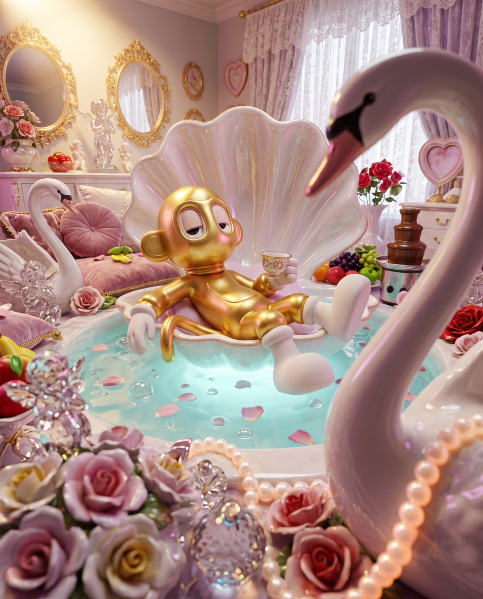 edizkan_'s tweet photo. Prompt Share 🚨
Too much? Kitsch says not enough. 🦢✨
#AKCB
Prompt 👇
A lavish cinematic kitsch-art scene of the uploaded reference character reclining inside an enormous porcelain seashell fountain displayed in the middle of an extravagant pastel living room.
The room is overflowing with deliberately excessive decorative beauty: glossy ceramic swans, artificial roses, crystal cherubs, gold-trimmed mirrors, velvet cushions, plastic fruit, tiny chocolate fountains, lace curtains, heart-shaped frames, and glowing imitation pearls. Every object feels precious, theatrical, slightly absurd, and proudly artificial.
The character rests inside the shell in a dramatically elegant pose, one limb hanging over the edge while the other loosely holds a tiny ornate teacup. Their posture feels calm and regal, as though this excessive decorative kingdom belongs entirely to them.
Likeness Integrity
Preserve the uploaded character’s exact head-to-body proportions, eye shape, eye spacing, stylization, silhouette, outfit, accessories, material identity, and original color palette.
Do not humanize.
Do not alter anatomy or facial structure.
Do not add facial features or unintended accessories.
The decorative environment may echo the character’s palette, but must never redesign the character.
Camera and Composition
Use an aggressive low-angle 24mm lens from behind a blurred foreground cluster of porcelain flowers and crystal ornaments.
The shell fountain rises diagonally through the composition, with the character positioned off-center in the upper third.
One oversized ceramic swan neck curves close to the lens and partially blocks the frame, creating layered depth and visual tension.
The room should feel crowded, but the composition must still guide the eye toward the character.
Focus Discipline
Primary focus on the character’s eyes, upper torso, and teacup.
Foreground ornaments fall into large creamy blur. Mid-ground shell textures remain readable. Background mirrors, cherubs, roses, and lamps progressively dissolve into glittering bokeh.
No full-frame sharpness.
Lighting
Hard warm spotlight from the upper-left, creating sculptural highlights across the porcelain shell and the character.
A cool pink-blue fill rises from the fountain water below, softly illuminating the underside of the character and surrounding ornaments.
Sharp gold reflections, deep velvet shadows, pearlescent highlights, and controlled sparkle. No flat pastel wash.
Material and Texture
Hyper-detailed glazed porcelain, artificial flower fibers, velvet pile, cheap metallic gold trim, translucent plastic gems, dusty mirror surfaces, and faintly chipped ceramic edges.
The fountain water is tinted pale turquoise, with tiny floating rose petals and iridescent bubbles.
Everything should look physically real, tactile, expensive at first glance, and slightly questionable upon closer inspection.
Color Grade
Controlled bubblegum pink, pale turquoise, ivory, lavender, cherry red, and antique gold.
Rich saturation concentrated in decorative accents. Deep shadows remain cool and heavy. Highlights must roll off smoothly without overexposure.
Emotion
Decadent comfort
Artificial paradise.
The character appears completely at home inside a world where too much is never enough.
No minimalist styling, no empty background, no neutral studio lighting, no clean modern furniture, no symmetrical framing, no full-frame clarity, no tasteful restraint.
ar 4:5