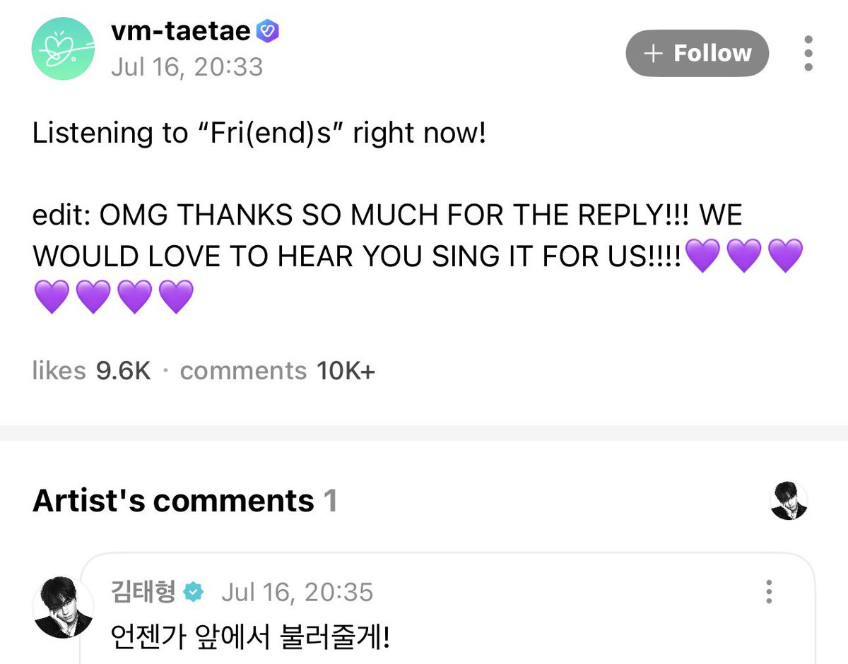 taeguide's tweet photo. [WEVERSE] OP: Listening to Friends right now 
🐯: Someday, I’ll sing it for you live https://t.co/A9oIm7iU0X