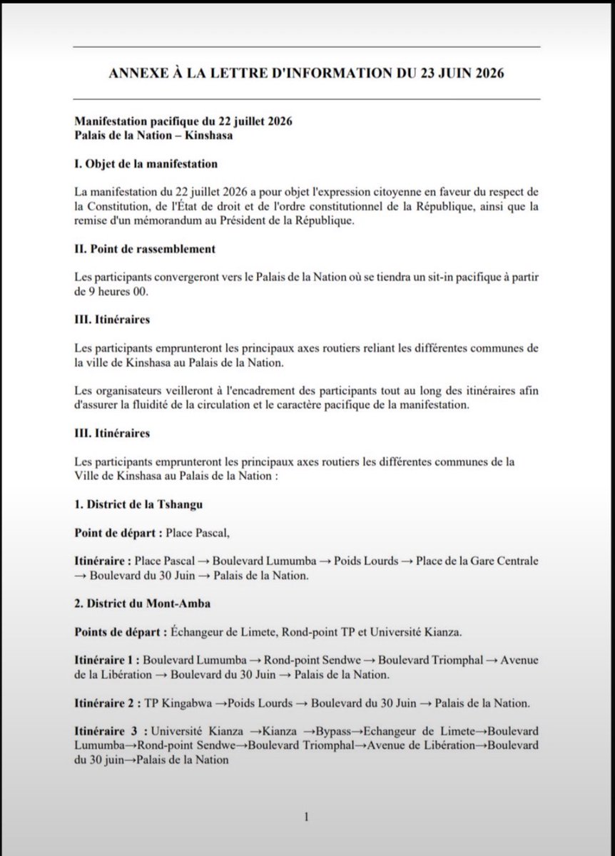 Coalition_64's tweet photo. #RDC La Coalition C64 de confirmation de la grande marche du 22 juillet 2026 vers le Palais de la Nation

La Coalition Article 64 (C64), qui regroupe Martin Fayulu, Moïse Katumbi, Jean-Marc Kabund, Augustin Matata Ponyo et Delly Sesanga, a officiellement notifié le gouverneur de Kinshasa de la tenue d'une manifestation pacifique le mercredi 22 juillet, avec convergence des participants vers le Palais de la Nation dès 9 heures pour un sit-in suivi de la remise d'un mémorandum au chef de l'État. 

Initialement prévue le 8 juillet, la mobilisation avait été reportée après une invitation du président burundais Évariste Ndayishimiye, président en exercice de l'Union africaine, à des consultations sur la crise politique et institutionnelle du pays, une médiation à l'issue de laquelle la coalition a réaffirmé son intention de maintenir la marche. 

Les organisateurs affirment agir dans le respect de la Constitution, invoquant l'article 64 qui consacre le droit des citoyens à résister à toute tentative de confiscation inconstitutionnelle du pouvoir, dans un contexte de vives tensions autour d'un projet de changement constitutionnel perçu par l'opposition comme une manœuvre pour lever la limitation des mandats présidentiels.