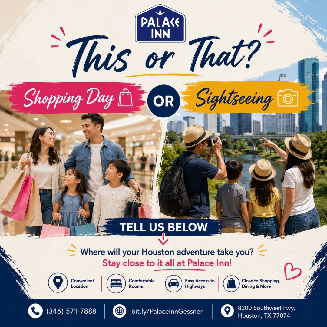 PalaceIGessner's tweet photo. Houston offers something for every traveler. 
Would you spend your day shopping at The Galleria or exploring iconic landmarks? 

Stay close to it all at Palace Inn Blue Gessner.
Book: https://t.co/gwskhgtFR9

#ThisOrThat #HoustonTravel #WeekendTrip #PalaceInnBlue #TravelFun https://t.co/M2uxM8MFMP