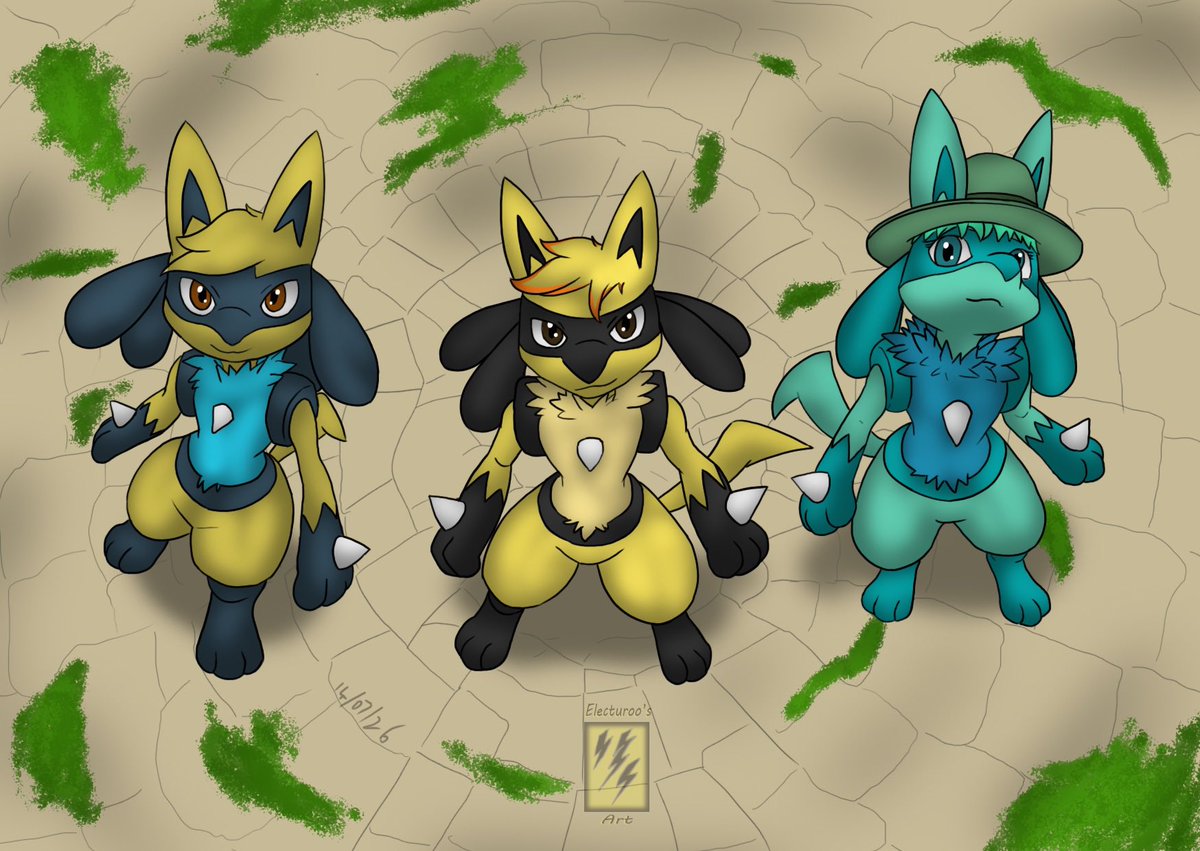 Electuroo's tweet photo. Electuroo and his friends Kelly and Chris travel to the mysterious dungeon world to explore the dungeons and the ruins within as a squad of Lucarios!

Lucario day 2026!

#LucarioDay #TFEveryday @kellyandkyle484 @CrizBN https://t.co/wvn8VCHrkm