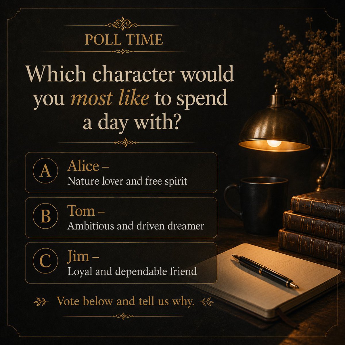 Hare6Les's tweet photo. Which character would you most like to spend a day with?

Alice – Nature lover and free spirit

Tom – Ambitious and driven dreamer

#CharacterPoll #Alice #Tom #Jim #BookDiscussion #ReadersCommunity #BookLovers  #LivingNextDoorToAlice #BookRecommendation https://t.co/2GZ3juIzf4