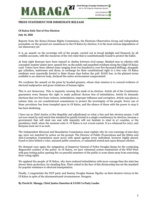 dkmaraga's tweet photo. Congratulations to Sammy Douglas Kamau Ngotho, @rigathi  and @DCP_Democracy  on your decisive victory in the Ol Kalou by-election that has been marred by the most serious assault on our democracy to date.

Below is my full statement on that election. https://t.co/CtRhYDXMqF