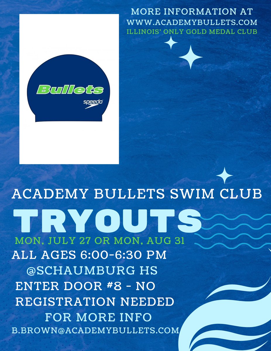 AcademyBullets's tweet photo. Take your swimming to the next level. Join the only USA Swimming Gold Medal Club in Illinois. Tryouts for our Northwest locations (Schaumburg &amp; Bartlett areas). Our Aurora &amp; Riverside tryouts will be posted soon. Can’t make an Open Tryout? Email us &amp; we will set one up for you! https://t.co/Ne4XD5Jvv7