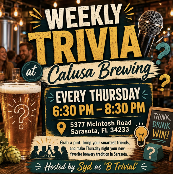 BrewsFlorida's tweet photo. Grab a pint, bring your smartest friends, and make Thursday night your new favorite brewery tradition in Sarasota.

https://t.co/CgcfD7sXm4 https://t.co/92hC4unCVO