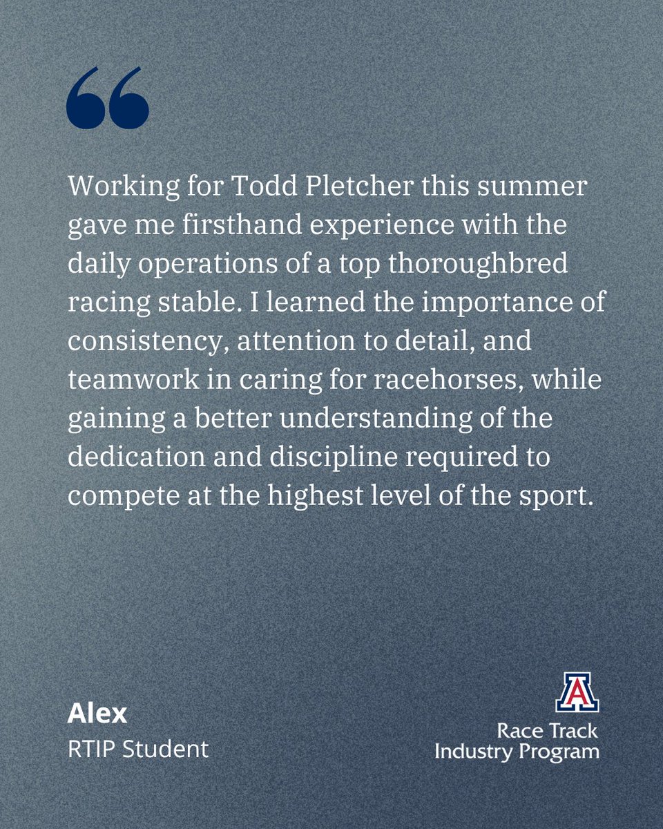UA_RTIP's tweet photo. A summer on the backside 🐴
Here's what Alex had to say about his internship experience under trainer and #RTIP alum, @PletcherRacing. https://t.co/GV6zCv4mrh
