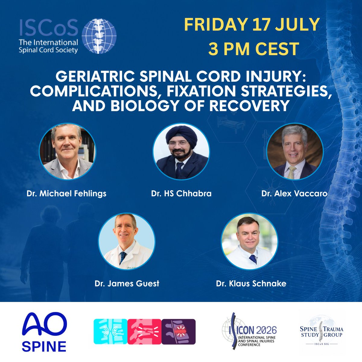 ISCoSmeetings's tweet photo. Tomorrow at 3 pm BST.

Join the ISCoS webinar on Geriatric Spinal Cord Injury and hear from international experts.

Register: https://t.co/IqCR5Omtrd

#ISCoS #SCI #SpinalCordInjury https://t.co/7zSzZm3R7r