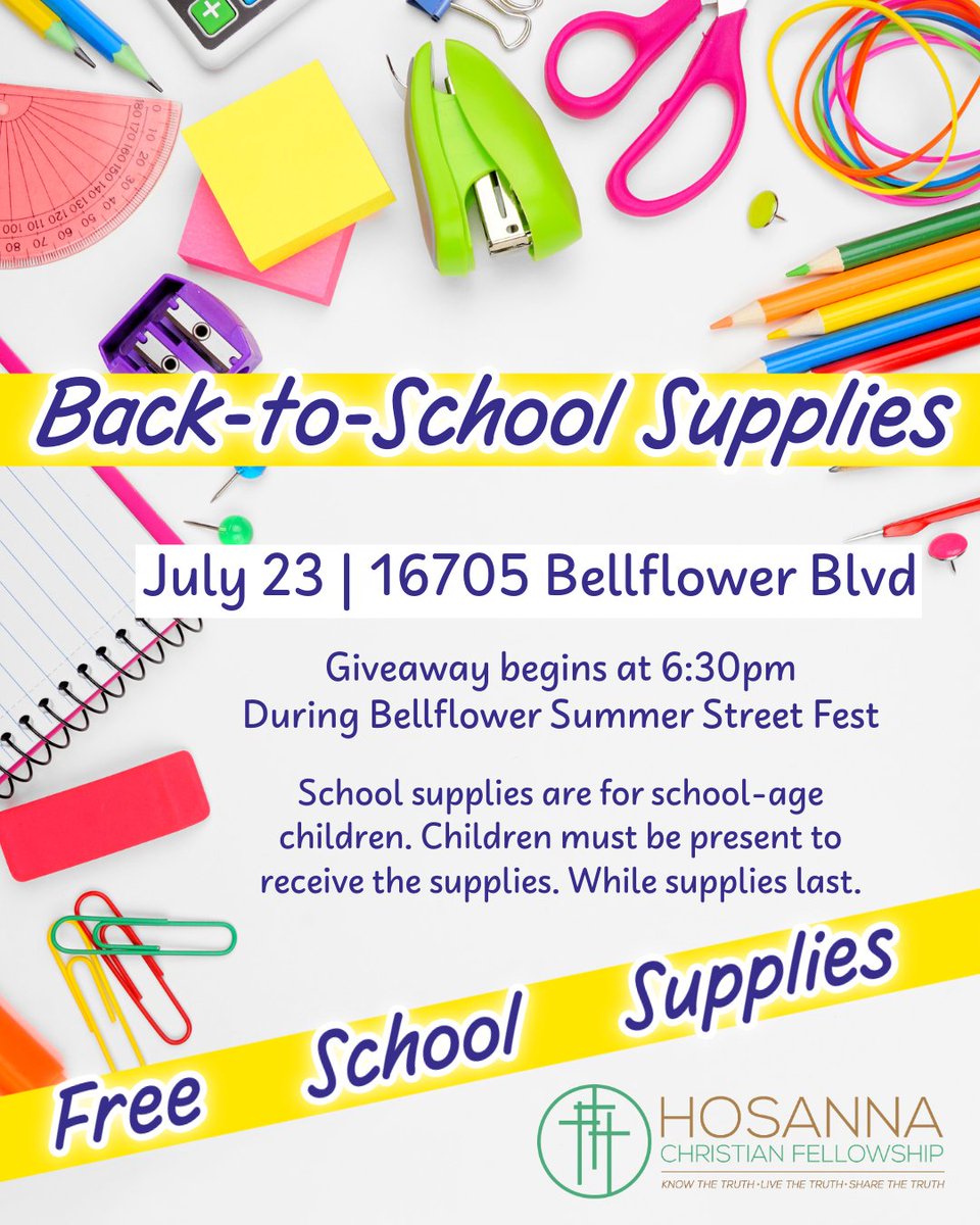 hosannacf's tweet photo. Join us on Thursday, July 23rd to receive free school supplies.
#BacktoSchool #CommunityOutreach #FreeSchoolSupplies #HosannaChristianFellowship #ChurchesinBellflower https://t.co/ZpyCowt4TR