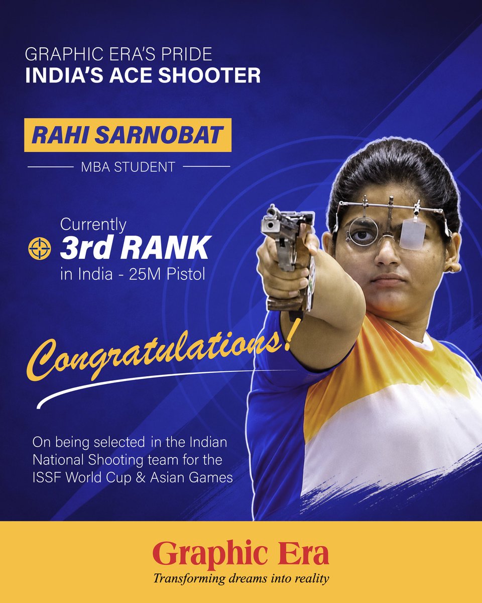 GraphicEraUni's tweet photo. A proud moment for Graphic Era! Our MBA student, Rahi Sarnobat, has been selected for the Indian National Shooting Team for the ISSF World Cup and the Asian Games. Wishing her success as she proudly represents India.
#GraphicEra #TeamIndia #ISSFWorldCup #AsianGames https://t.co/46NgIhC6g7