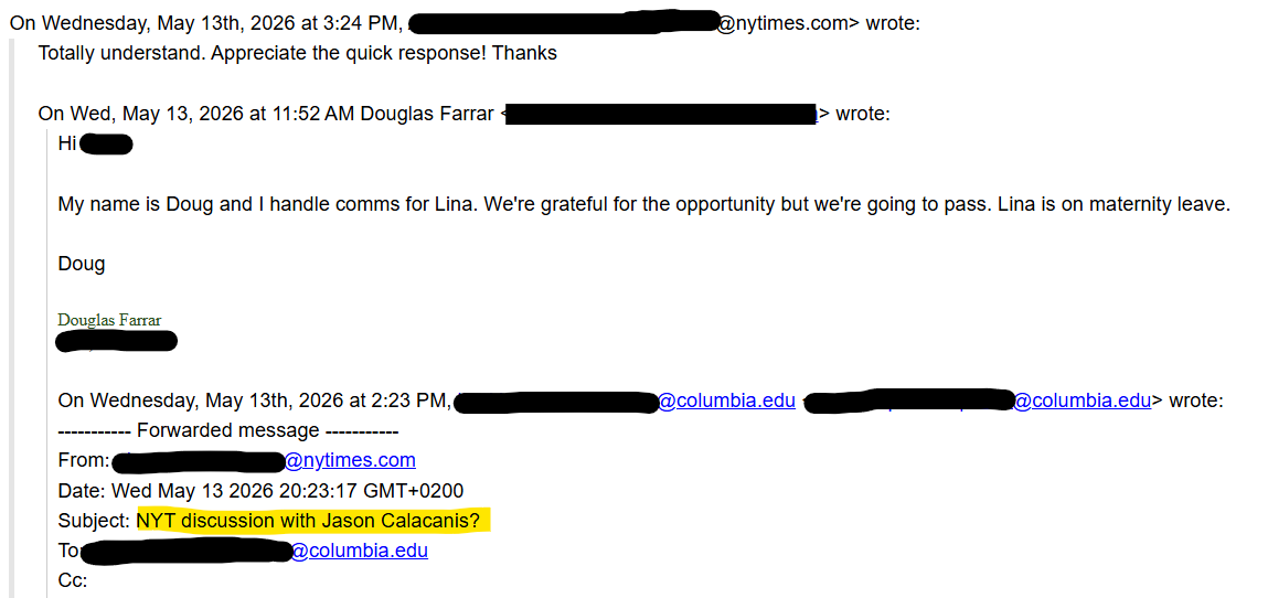 DouglasLFarrar's tweet photo. I handle comms for Lina Khan. I'm the one who declined this invitation in May because she's on maternity leave. Here's the receipt. 

And it wasn't a debate. The show's pitch was 'opposite sides finding common ground' https://t.co/6525FG4BiC