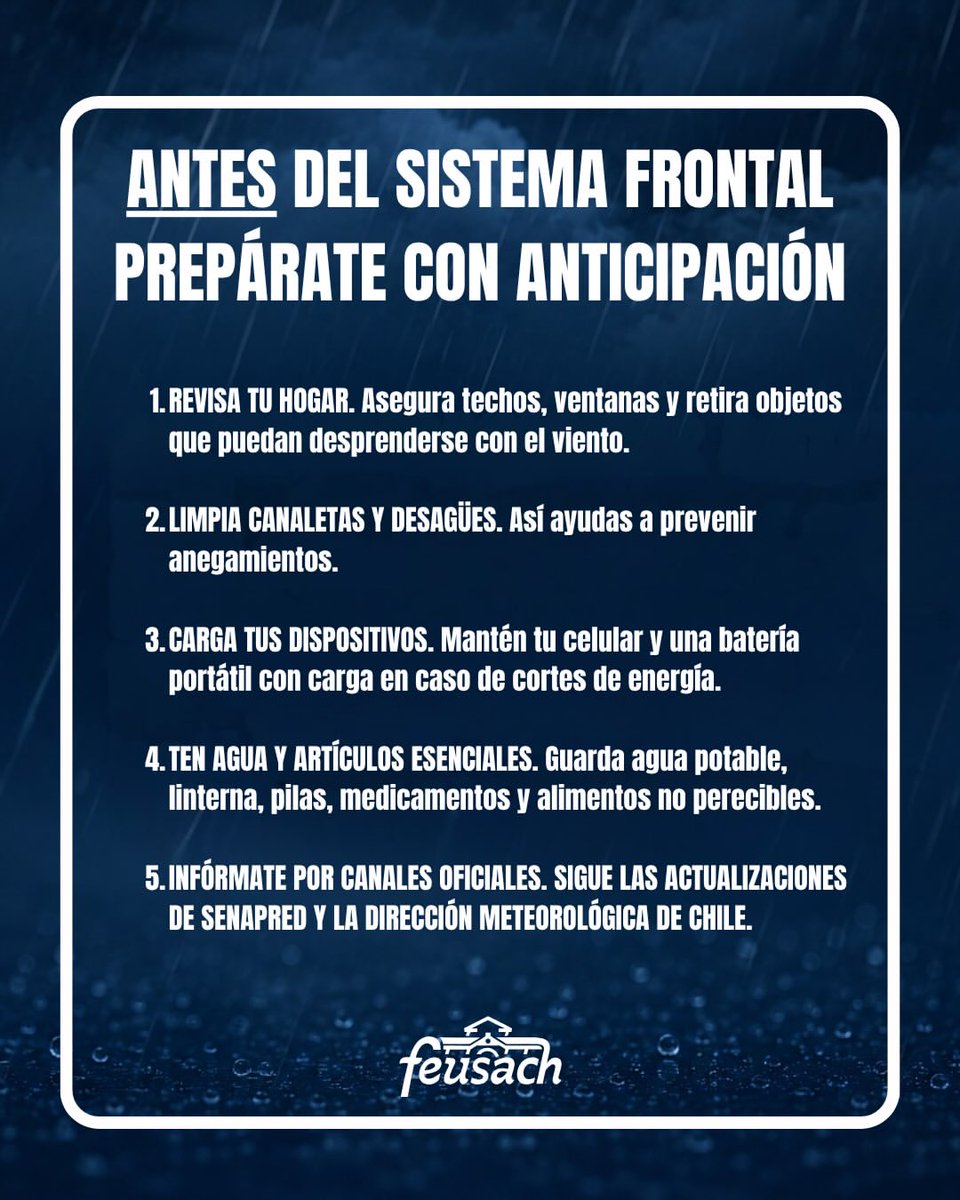 feusach's tweet photo. Ante el sistema frontal pronosticado para los próximos días en la Región Metropolitana, queremos compartirles algunas recomendaciones para que puedan prepararse y resguardarse de la mejor manera.
#Usach #Feusach #Chile https://t.co/ZAgu7zjAFU
