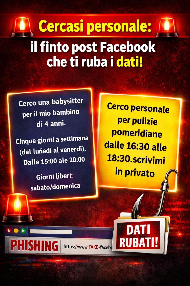 robertoteb's tweet photo. Attenzione ai finti annunci "Cercasi personale" su Facebook! Sotto si nasconde una truffa di phishing per rubare i tuoi dati e svuotarti il conto bancario. Impara a riconoscerli subito. 🎥 Guarda il video completo: https://t.co/BoWhlLGqGs #truffa #adv https://t.co/xmO8p1MU3y
