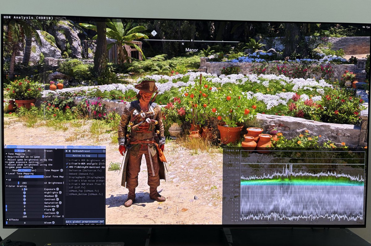 HDRgameAnalysis's tweet photo. Paper White in Assassin’s Creed Black Flag: Resynced.

This is the paper white in nits on the exposure slider.

-2.0 = 50 nits
-1.0 = 100 nits
-0.9 = 108 nits
-0.8 = 116 nits
-0.7 = 124 nits
-0.6 = 134 nits
-0.5 = 143 nits
-0.4 = 153 nits
-0.3 = 165 nits
-0.2 = 176 nits
-0.1 = 190 nits
0 = 203 nits
0.1 = 217 nits
0.2 = 233 nits
0.3 = 249 nits
0.4 = 266 nits
0.5 = 286 nits
0.6 = 308 nits
0.7 = 329 nits
0.8 = 353 nits
0.9 = 377 nits
1.0 = 400 nits
2.0 = 800 nits

My general setup recommendations (dark room):

Maximum Luminance / Exposure
400-500 / -1.0 to -0.5
500-700 / - 0.6 to -0.3
800 -1200 / -0.2 to 0.2
1300 - 1700 / 0.3 - 0.5
1800 - 2300 / 0.6 to 0.8

Use these as starting points. Adjust to personal preference.

The game has a black level raise so contrast is reduced. Increasing the exposure slider will increase upper shadows and therefore further reduce contrast. It leaves less room to use the exposure slider in my opinion. Be aware of that.

I personally prefer better contrast over higher midtone brightness, so I used 0 exposure, even at 2000 nits max luminance, using in-game HDR.

The RenoDX HDR mod fixes the black level raise. I now use 0.7 exposure when I game on PC, using RenoDX.

See my article about Paper white In Games, if you want to understand more about this concept. Its often the least understood HDR setting.

How I got the numbers:
I got these number from the in-game HDR setup screen by assuming a paper white of 203 nits at 0 exposure.

It’s using the RenoDX HDR mod. I also tested without the RenoDX HDR mod, and the numbers was within less than 5 points difference. So everyone can use these numbers.

Picture 2: RenoDX settings I use (no bloom, 50 coolness, Reno vanilla)
Picture 3: -1.0 exposure = 100 nits paper white
Picture 4: 1.0 exposure = 400 nits paper white