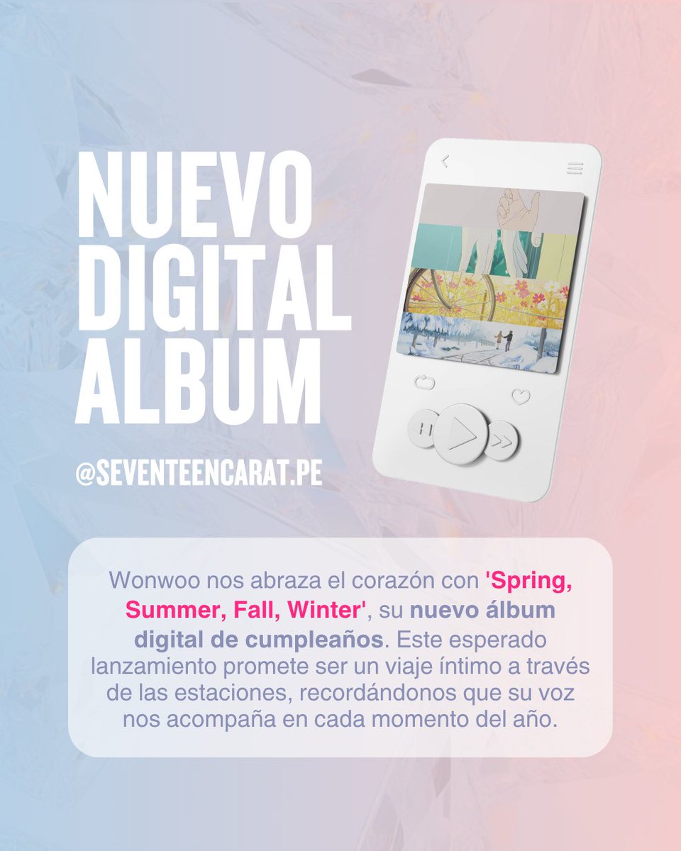svtcarat_pe's tweet photo. UN REGALO DE WONWOO PARA CARAT 🎉🍂 Su primer álbum digital, ‘Spring, Summer, Fall, Winter’, llega como un abrazo hecho canciones para cada estación de nuestras vidas. 😭❤️ ¿Listas, Carats? #JEONWOO #SpringSummerFallWinter #SEVENTEEN #전원우_MOYA_생일_MOYA #30FilmsWithJWW https://t.co/ev2Ubg9VZi