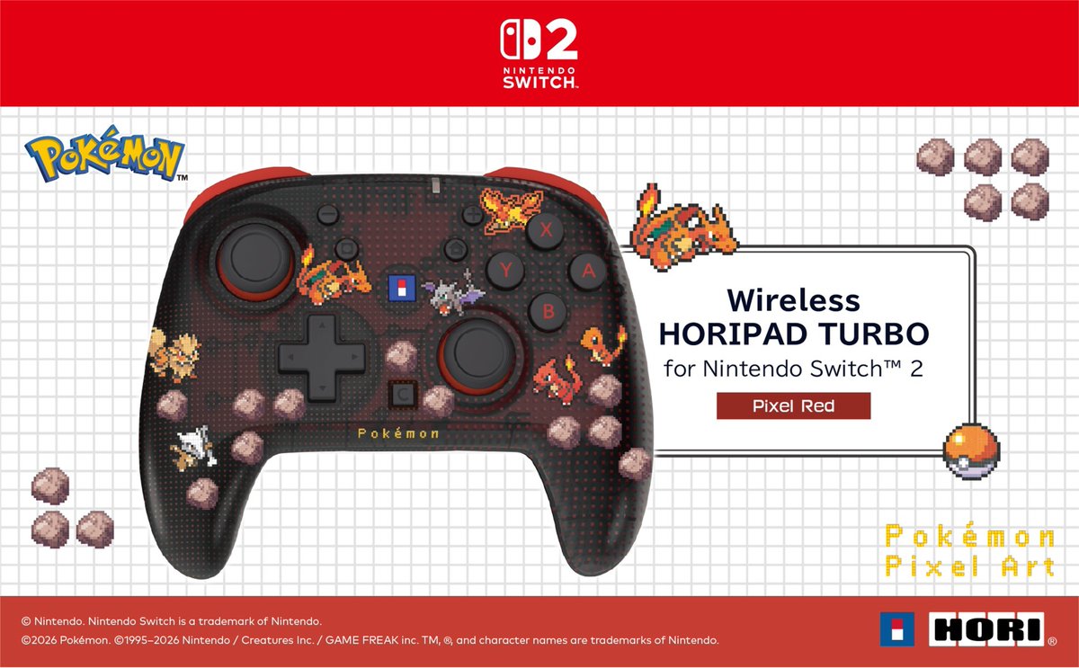 HORI_Europe's tweet photo. Bring on the heat with the Wireless HORIPAD Turbo (Pokémon Pixel Red) for #NintendoSwitch2! 

#Fire-type #Pokémon in pixel form with precision TMR sticks and the HORI button for Turbo, Assign and Profile modes. 

Available soon at your local retailers and @Amazon! #HORIGaming https://t.co/65NiHY4b3t