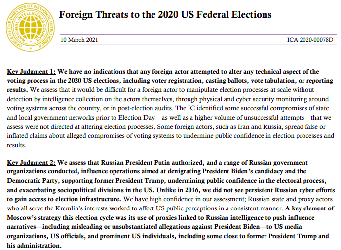 TheWarMonitor's tweet photo. U.S. intelligence assessments found no evidence that any foreign actor altered votes or election infrastructure in the 2020 election.

They did conclude Russia conducted influence operations to undermine Biden, boost Trump, and erode confidence in the election, but vote counts were unaffected.

The assessment was based on an investigation conducted during Trump's presidency, overseen by his own appointees. Trump received a classified preliminary version of this same report before leaving office.