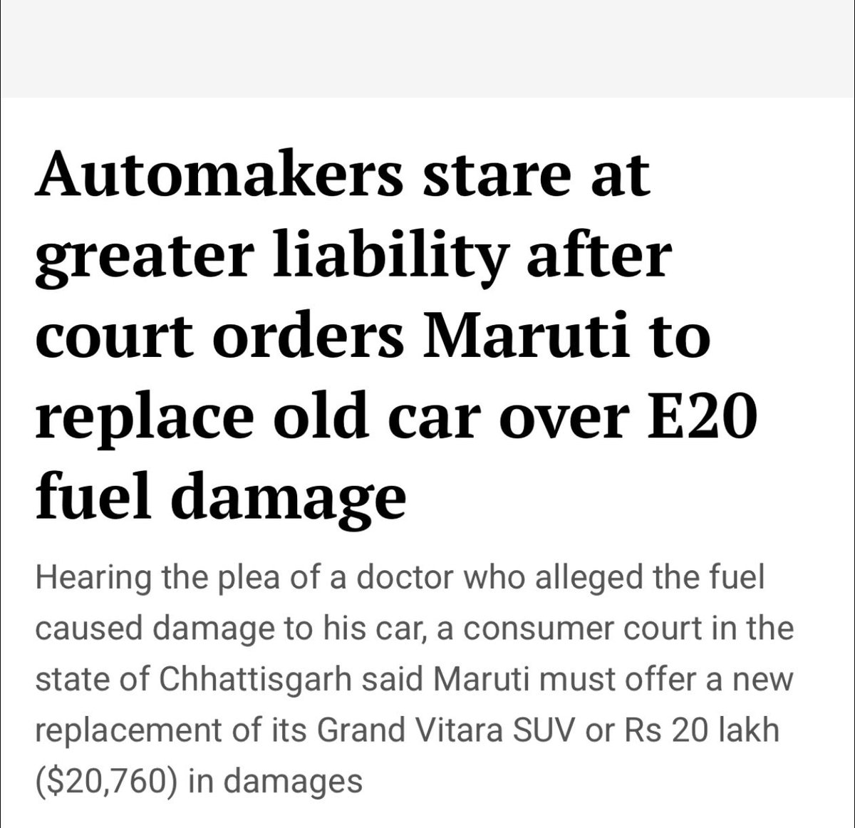 MahuaMoitra's tweet photo. Hope everyone who fears engine damage to their vehicles from  E20 drags automakers to court citing this case. Someone needs to either come clean or else compensate consumers. https://t.co/trxRc38dGo