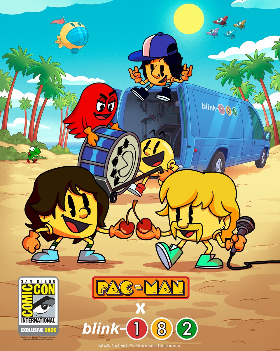 Wario64's tweet photo. Blink-182 x Pac-Man collab announced for San Diego Comic-Con including a booth full of co-branded arcade cabinets and a claw machine with Pac-Man/blink-182 prizes

Blink-182 x Pac-Man merch will be on sale 

https://t.co/eJ5iCSWzRG https://t.co/KeflRcwdz0