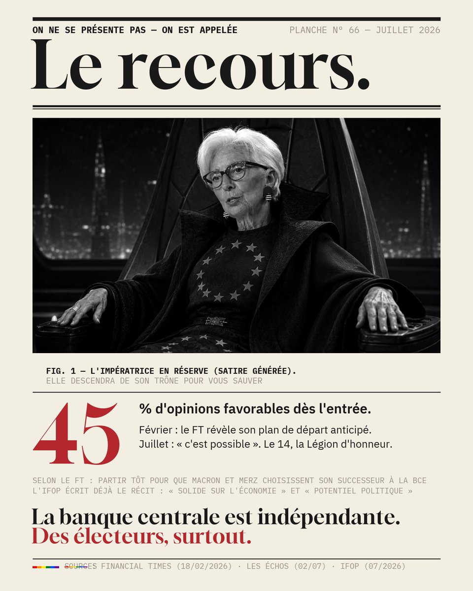 ChienSurpris's tweet photo. 🚨Ne lisez pas ce tweet si vous pensez être immunisé contre les manipulations mentales

👑 Retenez bien la chronologie qui suit, parce qu'on vous la resservira à la rentrée sous forme d'évidence. 18 février : le Financial Times révèle que Christine Lagarde prévoit de quitter la BCE avant la fin de son mandat. 2 juillet, aux Échos : « c'est possible », confirme-t-elle, pour « porter une voix européenne » dans le débat présidentiel français. Mi-juillet : elle fait son entrée directe à la 8e place du baromètre Ifop des personnalités — 45 % de bonnes opinions, sans avoir rien demandé. 14 juillet : Légion d'honneur, promotion de l'Élysée. Cinq mois, quatre jalons. Ce fil décrit la fabrication d'un recours. 🧵

Commençons par le plus énorme, que tout le monde a survolé : le MOTIF du départ anticipé selon le Financial Times. Elle ne partirait pas par lassitude — elle partirait pour que sa succession à la tête de la BCE soit décidée par Emmanuel Macron et Friedrich Merz AVANT la présidentielle française, de peur que le résultat des urnes ne pèse sur la nomination. Relisez : la présidente d'une institution dont l'indépendance vis-à-vis du politique est le dogme fondateur — article 130 du traité, récité à chaque conférence de presse — organiserait son calendrier de départ pour soustraire cette institution au verdict d'une élection. L'indépendance de la banque centrale, dans cette affaire, révèle sa définition exacte : indépendante des électeurs. Disponible pour le reste.

Puis il y a le mouvement inverse, tout aussi inédit : la même banquière centrale envisage publiquement de descendre dans l'arène d'une élection nationale — « porter une voix européenne dans le débat » — tout en jurant qu'une candidature n'est « pas d'actualité ». Formule remarquable : rien de ce qui est annoncé pour septembre n'est jamais d'actualité en juillet. Et pendant qu'elle ne se déclare pas, la machine à mesurer s'est mise en marche toute seule : l'Ifop l'ajoute à son tableau de bord des présidentiables et rédige déjà l'argumentaire — « profil particulièrement solide sur les questions économiques », « rassurant », « un potentiel politique ». 69 % de bonnes opinions chez les sympathisants LR, 75 % chez Renaissance : la carte d'identité chimiquement pure d'une candidate de bloc central. On ne teste pas dans un baromètre présidentiel une personne qui n'est le recours de personne. 📊

Maintenant, superposez le décor. Cette semaine, quatre économistes missionnés par Bercy ont chiffré l'avenir : 124 milliards d'intérêts de dette en 2030, une trajectoire « explosive », un pays « plus soutenable ». À la rentrée, quand les agences de notation rendront leurs verdicts et que le budget 2027 s'enlisera, le récit sera prêt, il est même déjà écrit : il faudrait « une personnalité au-dessus des partis », « la seule à avoir l'expertise économique nécessaire », « crédible face aux marchés », pour « éviter la mise sous tutelle ». Chaque élément du décor — la dette dramatisée, l'expertise sanctifiée, la popularité mesurée, la disponibilité organisée — aura été posé avant que la pièce commence. Le recours n'émerge jamais : il se fabrique, puis on le découvre.

Un détail d'histoire pour finir, puisque l'expertise est l'argument : la Cour de justice de la République l'a reconnue coupable de négligence dans l'arbitrage Tapie — 403 millions d'argent public — en la dispensant de peine. Négligente mais irremplaçable, non élue mais appelée, indépendante mais disponible : le sauveur français de 2027 coche déjà toutes les cases du poste. Il ne manque que votre consentement — et c'est précisément ce à quoi la rentrée servira.

La banque centrale est indépendante.
Des électeurs, surtout. 

(Sources : Financial Times, 18 février 2026 ; Les Échos, 2 juillet 2026 ; Ifop-Fiducial pour Paris Match et Sud Radio, juillet 2026 ; CJR, arrêt du 19 décembre 2016)
