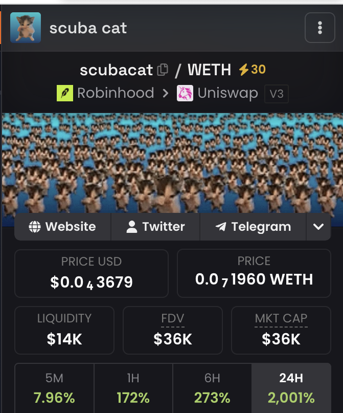 RHscubacat's tweet photo. The dive has only just begun. Time to show Robinhood its new favorite cat. $SCUBACAT https://t.co/m31cr28Hrh
