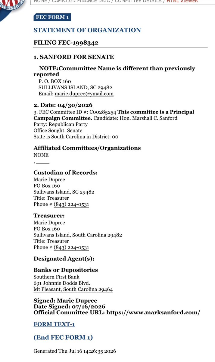 MegKinnardAP's tweet photo. Filing for the special GOP primary to replace Lindsey Graham hasn’t opened yet, but it looks like Mark Sanford is making moves. 

His federal House FEC account is now titled as a Senate account. https://t.co/vetkOZOisO