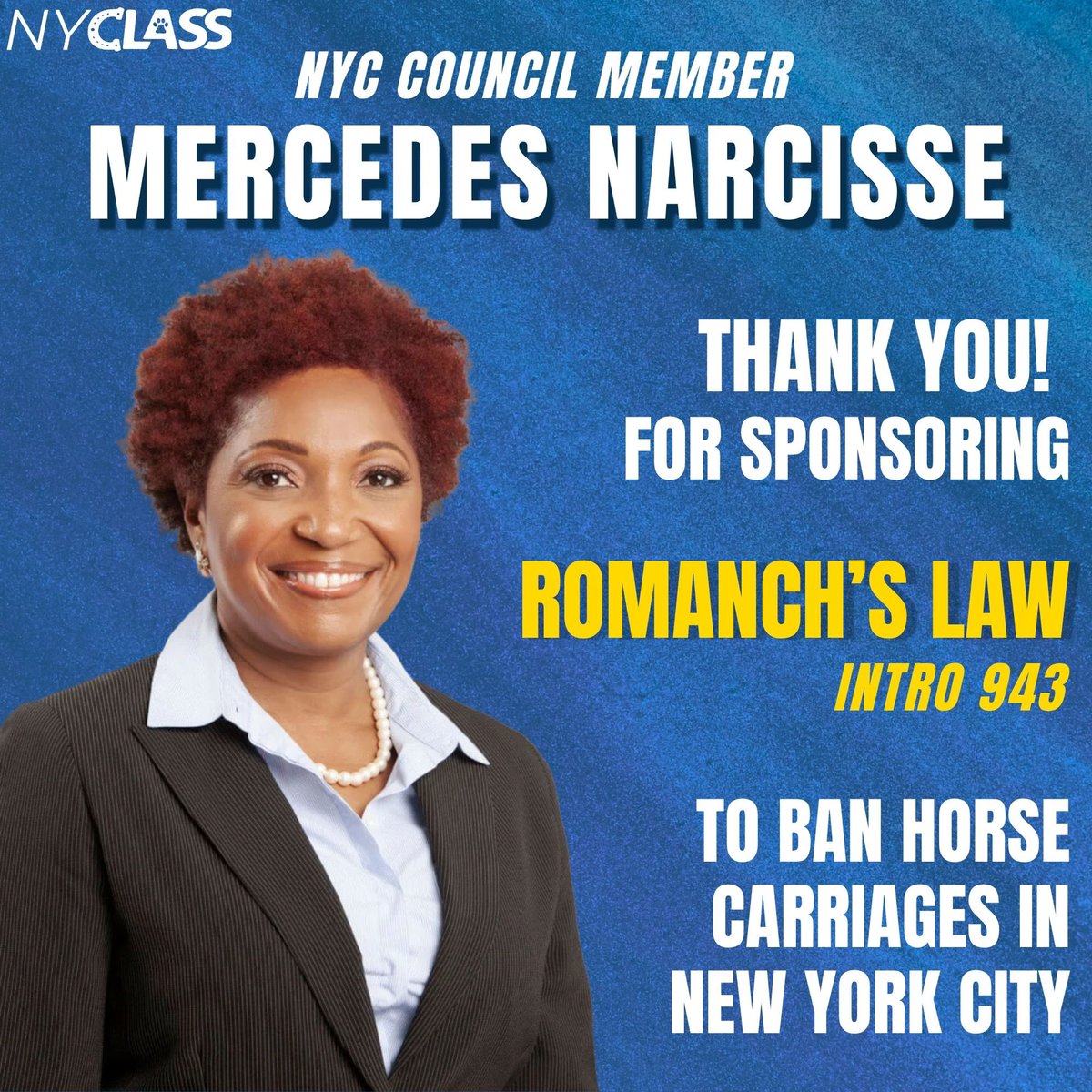 nyclass's tweet photo. Thank you, @CMMercedesCD46, for sponsoring Romanch’s Law, Intro 943!

Your support helps move New York City toward a future that protects horses, provides workers secure transition, and makes our streets and parks safer for everyone.

Free the horses. Help workers. Save lives. https://t.co/c0fPJrsjt5