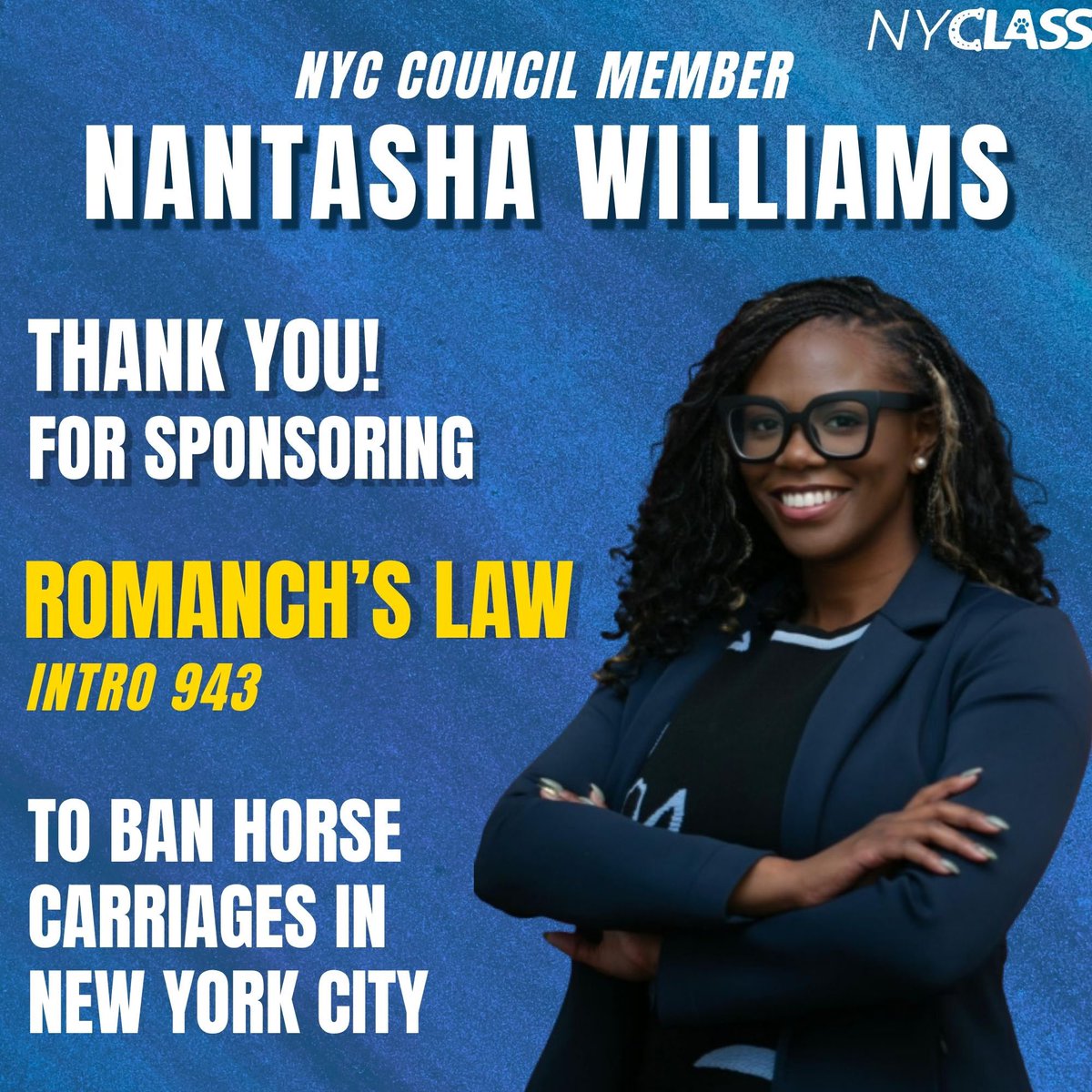 nyclass's tweet photo. Thank you, Council Member @CMNantashaW, for sponsoring Romanch’s Law, Intro 943.

Romanch’s Law is about more than ending an outdated practice. It is about protecting horses from dangerous conditions, helping workers transition to safer jobs, and preventing future injuries and deaths.