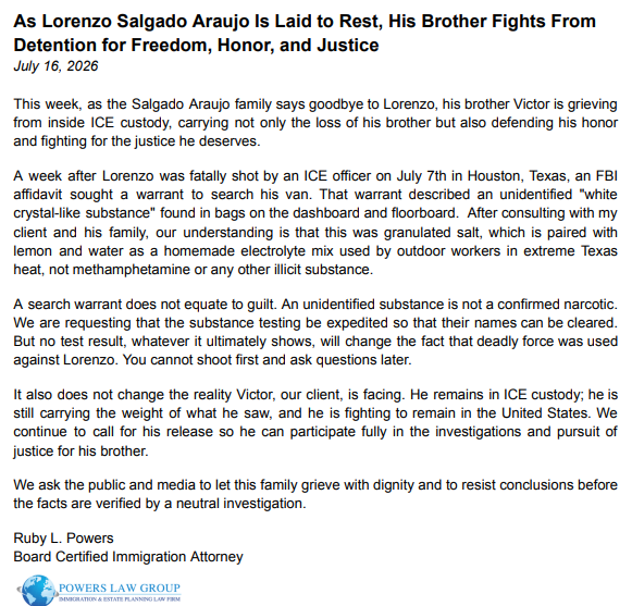 BrianaReports's tweet photo. BREAKING: The attorney representing Lorenzo Salgado Araujo's brother says the substance in baggies found in his work van was granulated salt, "which is paired with lemon and water as a homemade electrolyte mix used by outdoor workers in extreme Texas heat." https://t.co/6PNuRIIBbd