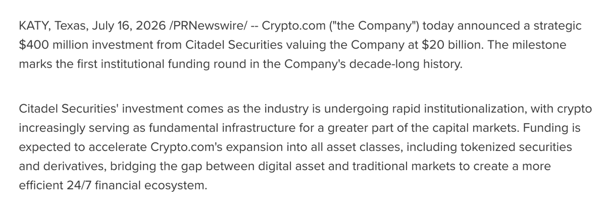 WuBlockchain's tweet photo. Largest U.S. Retail Market Maker Citadel Securities Invests $400 Million in Crypto com at a $20 Billion Valuation

Citadel Securities has invested $400 million in Crypto com at a $20 billion valuation, marking the crypto exchange’s first institutional funding round. Crypto com said the capital is expected to accelerate its expansion across asset classes, including tokenized securities and derivatives.