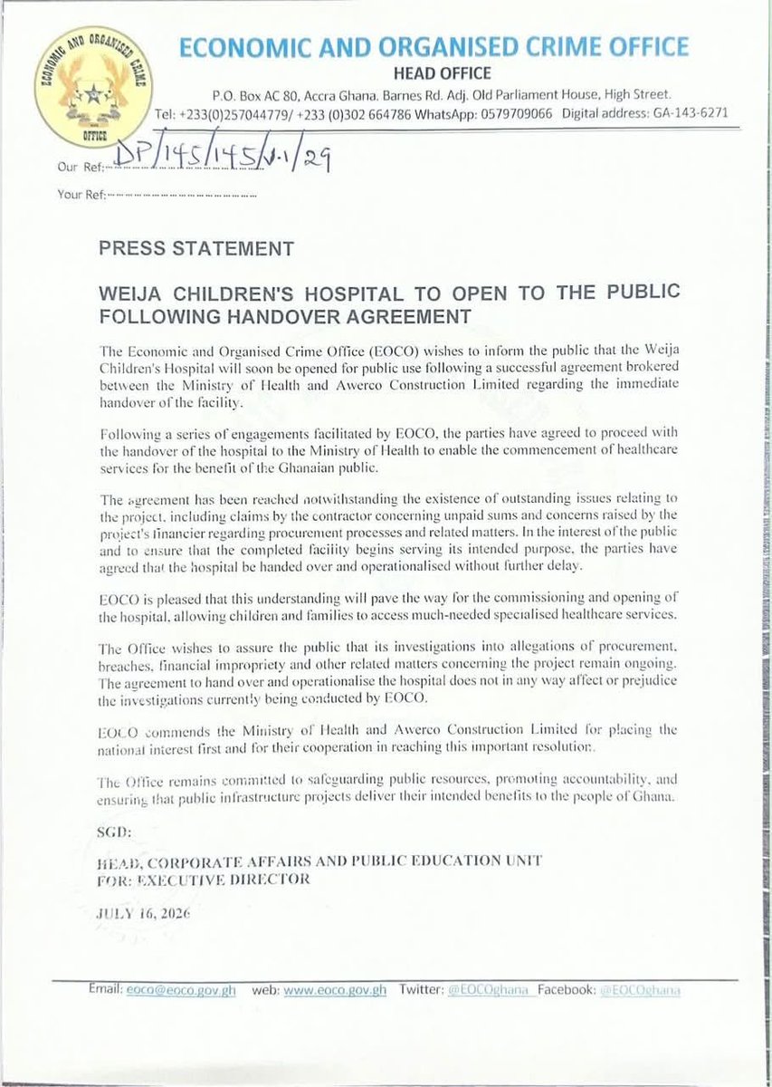 PAC_Ghana's tweet photo. Weija Children’s Hospital opens to the public, pending EOCO investigations.
#PledgeAgainstCorruption https://t.co/qvUAh0q5ew