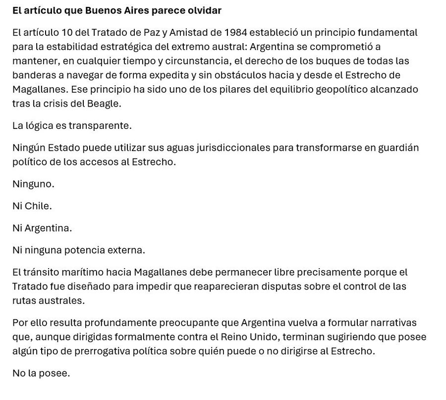 jpberlinger's tweet photo. Tratado de 1984, Art. 10, textual: 

"Argentina se obliga a mantener, en cualquier tiempo y circunstancias, el derecho de los buques de todas las banderas a navegar en forma expedita y sin obstáculos a través de sus aguas jurisdiccionales hacia y desde el Estrecho de Magallanes" https://t.co/430uFc2Lct