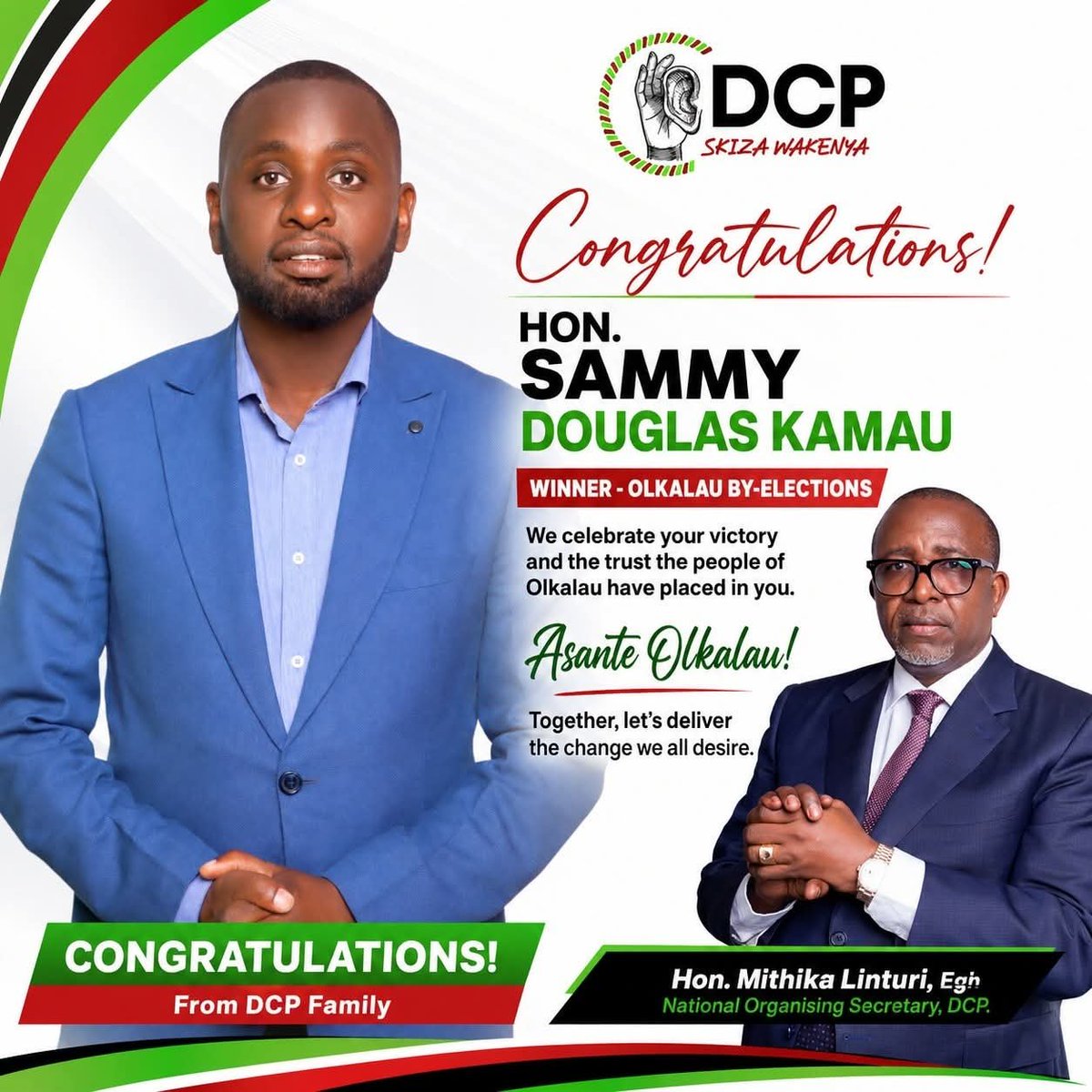 MithikaLinturii's tweet photo. Once again, congratulations to Hon. Sammy Kamau Ngotho Waweru on his resounding victory in the Ol Kalou Parliamentary seat, secured on the Democracy gor citizens Party (DCP) ticket.
This milestone represents a historic achievement for our party. As the first Member of Parliament elected under the DCP banner to the National Assembly, Hon. Waweru has etched his name in the annals of Kenyan political history. There could be no prouder moment to serve as a member of Kenya’s youngest and most progressive political party.
Your victory stands as a powerful testament that the Mount Kenya region is a DCP stronghold, even as our party maintains a broad and inclusive national outlook. To those entertaining petty schisms and juvenile divisions within the region, we say this is neither the time nor the place for such distractions. The people have spoken clearly.
Once again, congratulations, Hon. Sammy Kamau Ngotho Waweru! We look forward to your impactful contribution in Parliament as we build a stronger, more united Kenya.